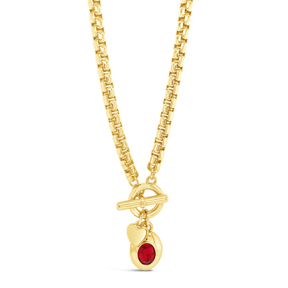Siam ruby crystal charm t-bar necklace on gold chain - eva victoria ireland