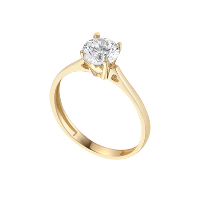 A yellow gold solitaire engagement ring with a round brilliant-cut diamond set in a four-prong setting buy in ireland