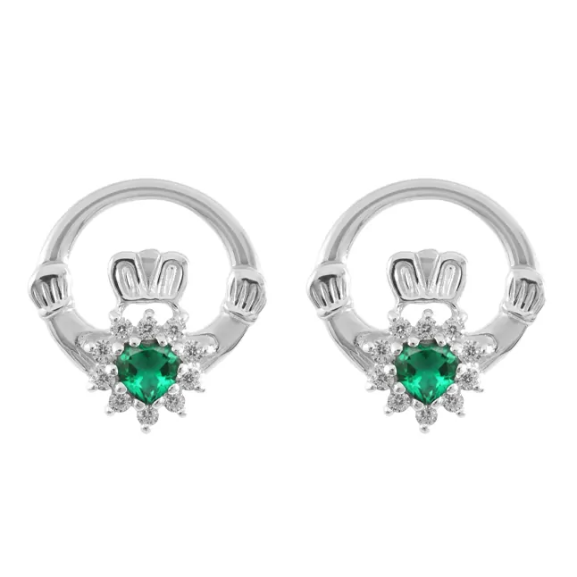 Sterling Silver Round Claddagh CZ Stud Earrings with Green Heart for girls