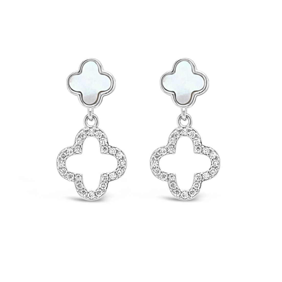 Sterling Silver Mother of Pearl Clover Drop Earrings 20mm
