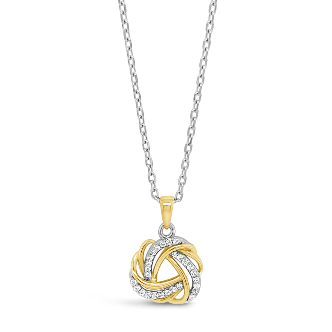Two-tone gold necklace knot pendant on a white background