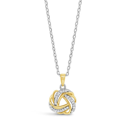 Two-tone gold necklace knot pendant on a white background