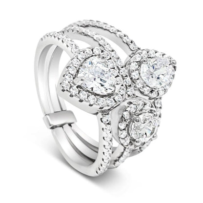3 in 1 Sterling Silver Charm Ring with Heart & Halo & Teardrop