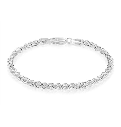 A sterling silver bracelet with a square spiga chain link design, displayed on a white background.