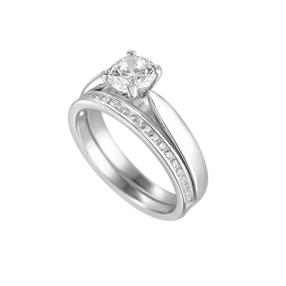 Sterling Silver Cubic Zirconia Solitare Ring & Wedding Band Set