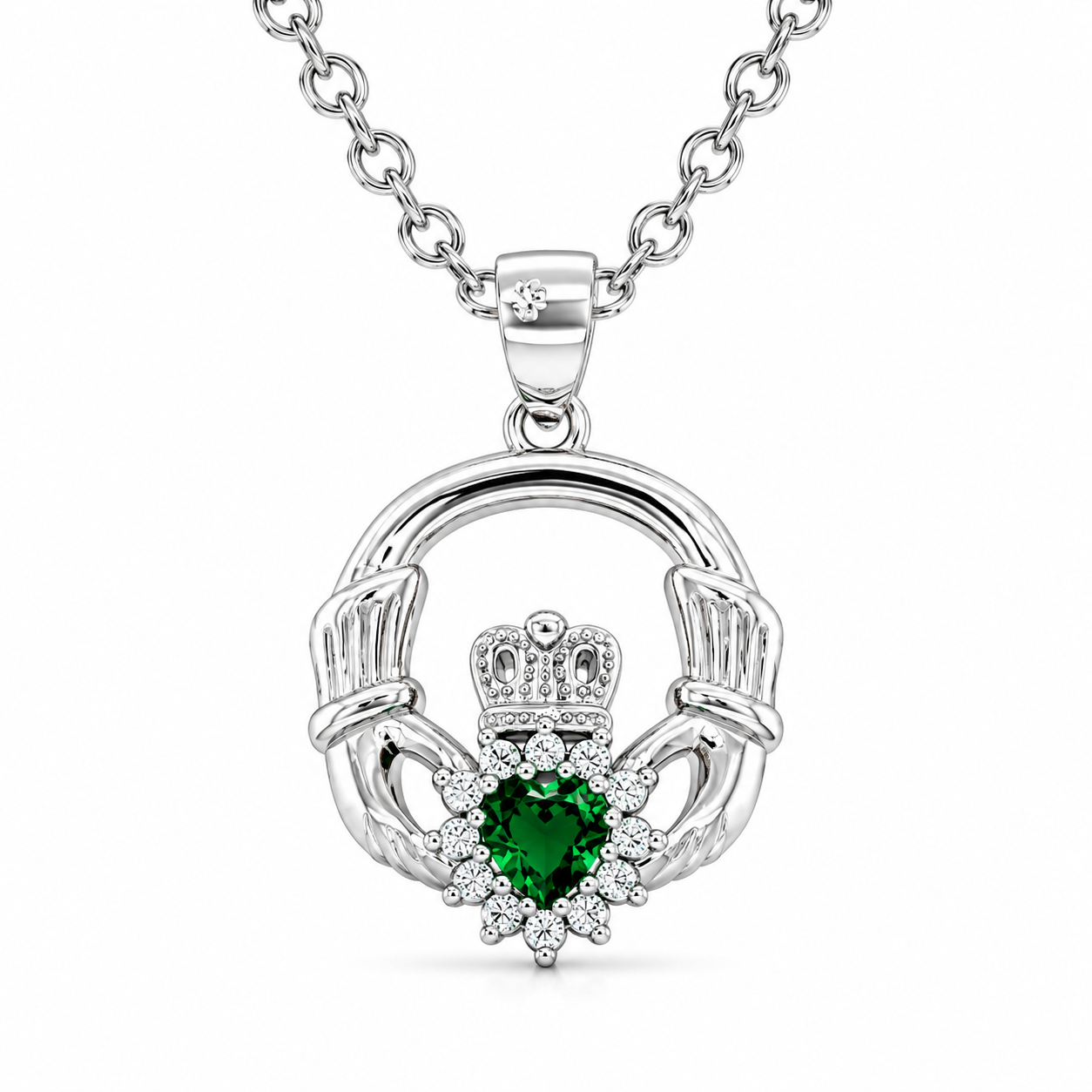 Sterling Silver Emerald CZ Claddagh Pendant