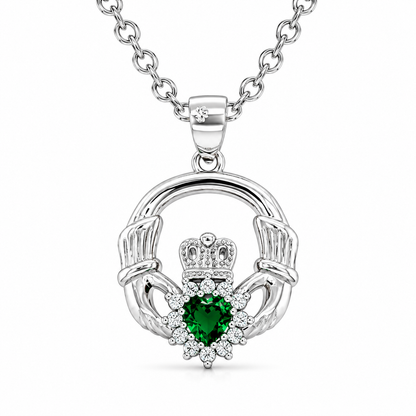 Sterling Silver Emerald CZ Claddagh Pendant