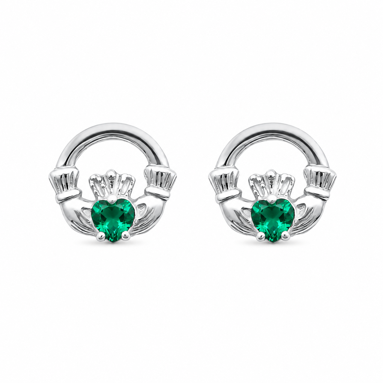 Sterling Silver Emerald Claddagh Stud Earrings 12mm - eva victoria ireland