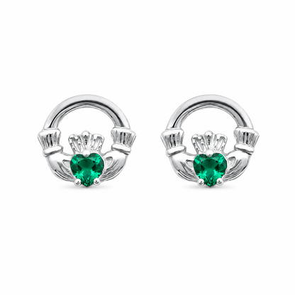 Sterling Silver Emerald Claddagh Stud Earrings 12mm - eva victoria ireland