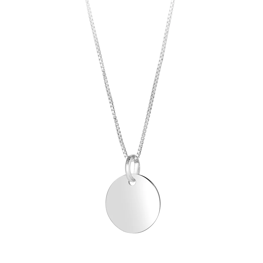 Silver necklace with a round pendant on a white background