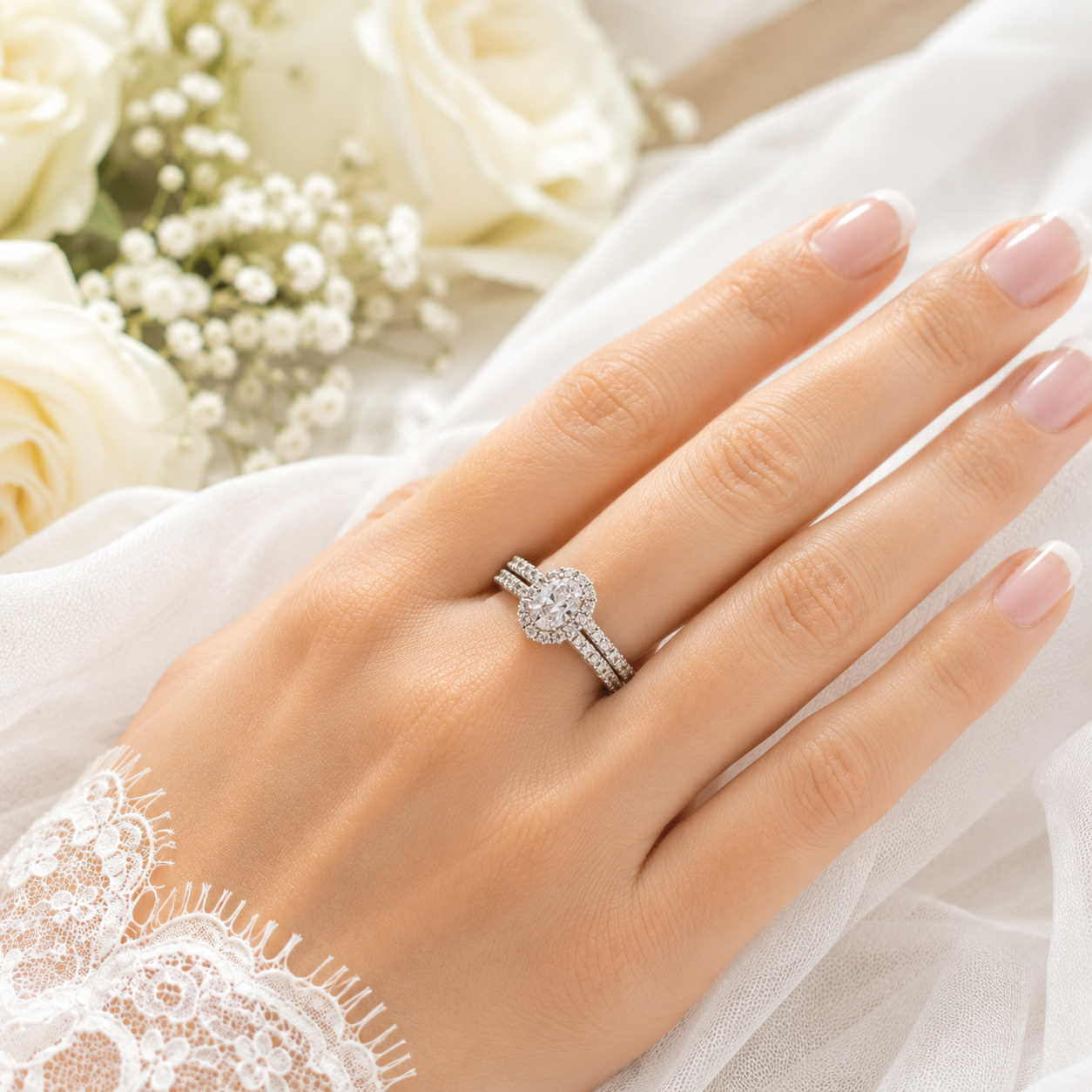 Sterling Silver Oval Halo Wedding Set on model