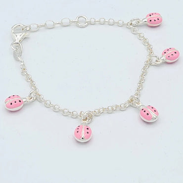 Pink Ladybugs Sterling Silver Charm Bracelet