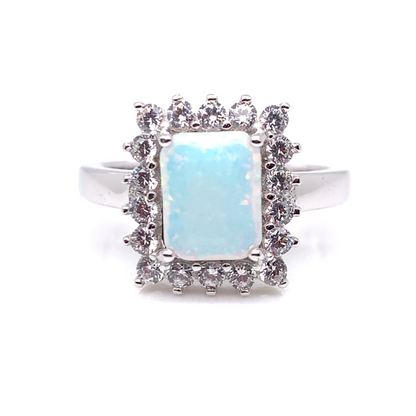 Sterling Silver Rectangular White Opal Cluster Ring