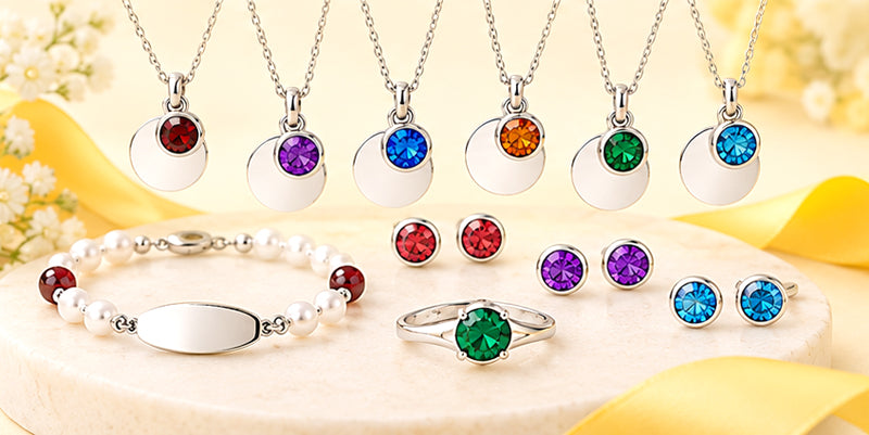Personalised birthstone jewellery including sterling silver birthstone pendants and earrings in Ireland