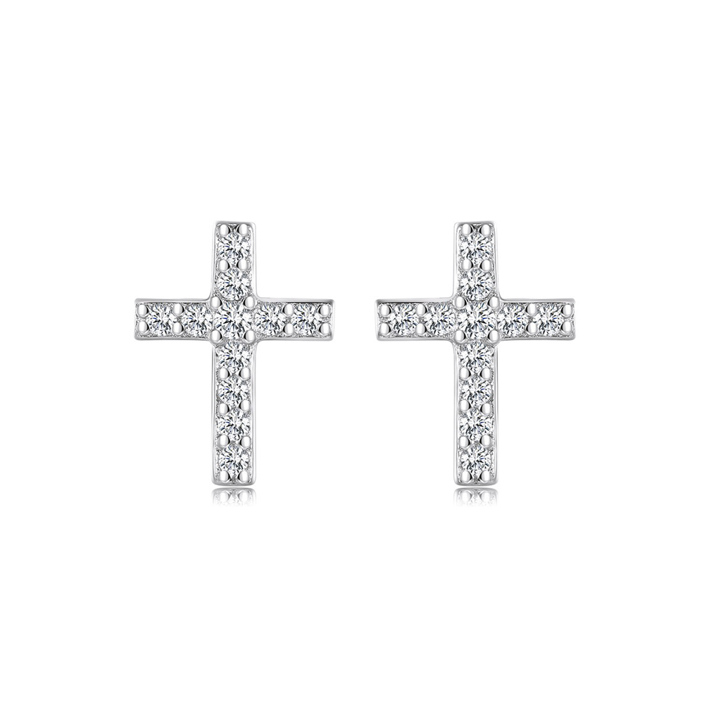 Eva Victoria Sterling Silver Cross Stud Earrings with Cubic Zirconia 10mm Communion earrings