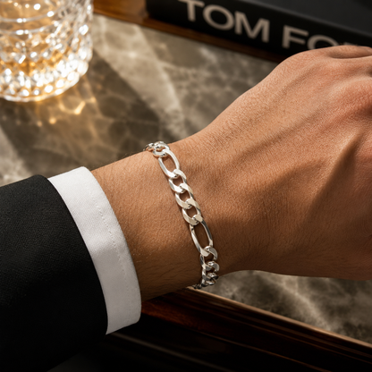 Sterling Silver Figaro Bracelet for Men 7.6mm