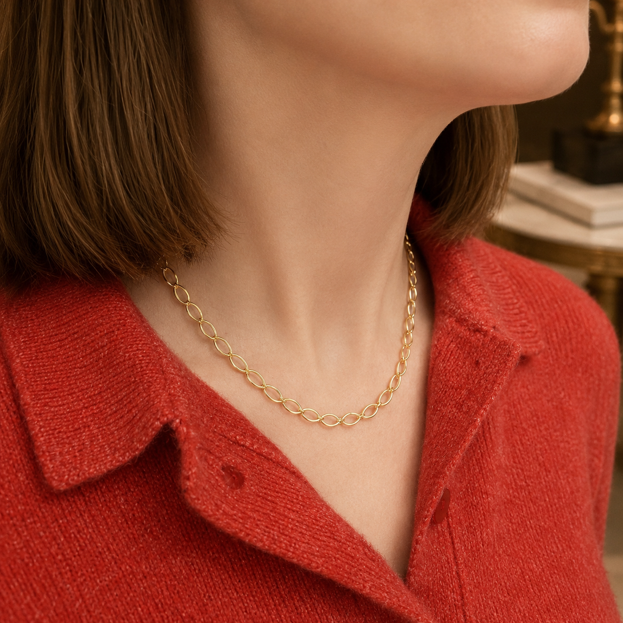 gold plated open oval link necklace on model - eva victoria ireland