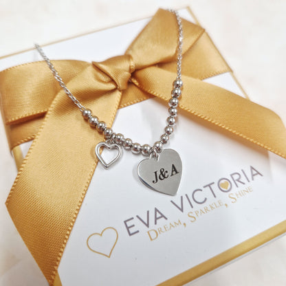 Sterling Silver Personalised Heart Charms Beaded Necklace