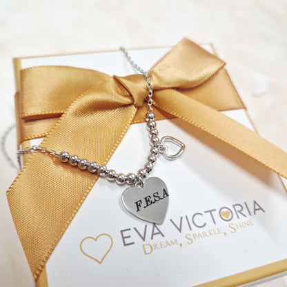 Sterling Silver Personalised Heart Charms Beaded Necklace