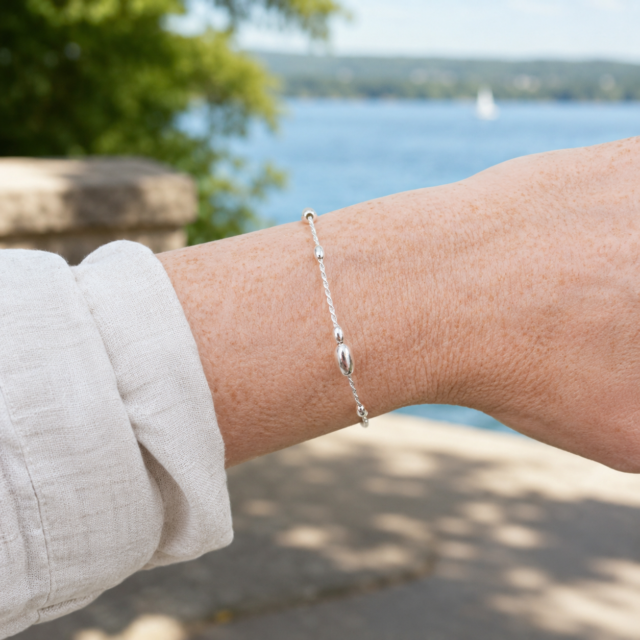 Sterling Silver Rope Bracelet with Oval Beads
