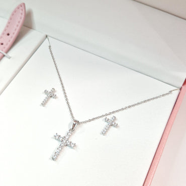Communion White Crystal Watch & Sterling Silver Cross Pendant & Earrings Gift Set