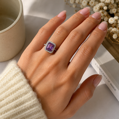 Sterling Silver Emerald Cut Amethyst Ring