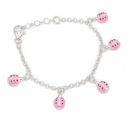 Silver bracelet with pink ladybug charms for little girls in ireland