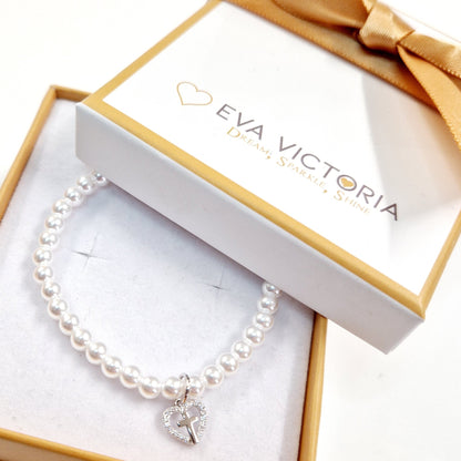 Charm Cross in Heart Pearls Children Sterling Silver Communion Bracelet