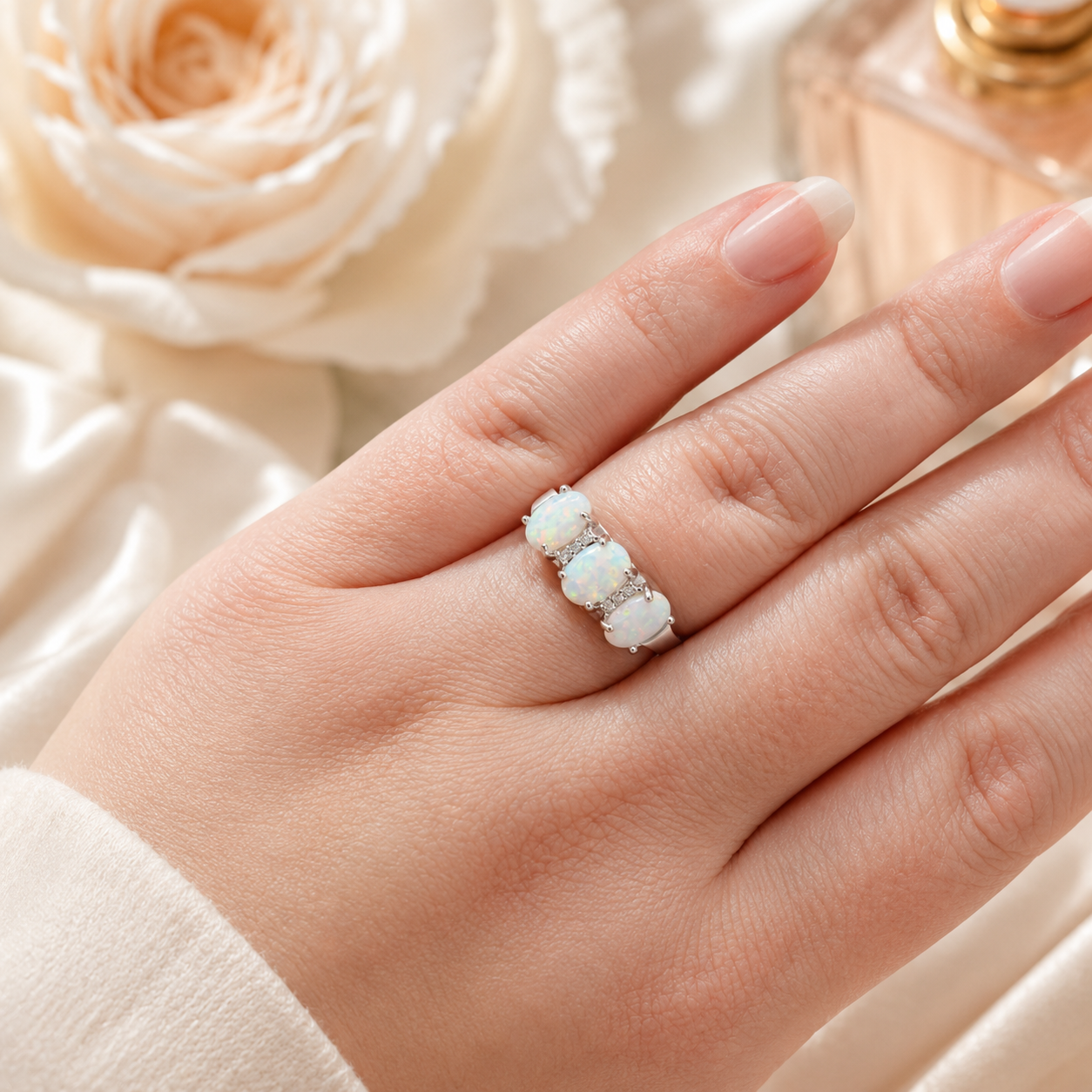 Sterling Silver Ring with 3 White Opals