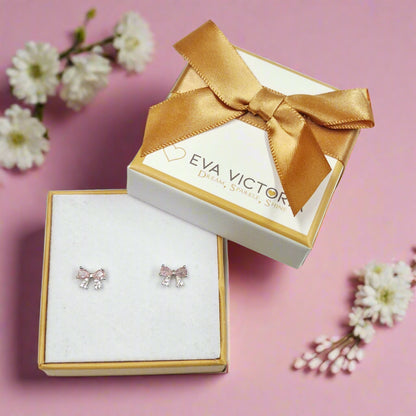 Eva Victoria sparkling pink bow sterling silver stud earrings with cubic zirconia stones
