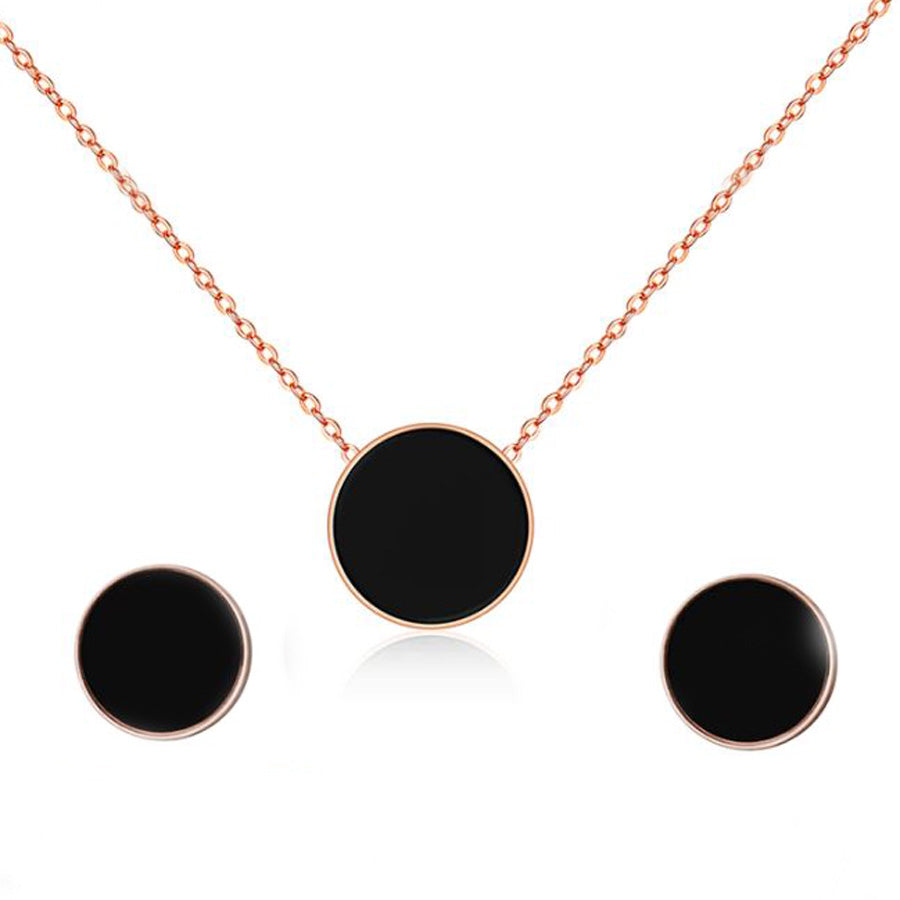 Noir Black Circle Necklace Earrings and Bracelet Rose Gold Set