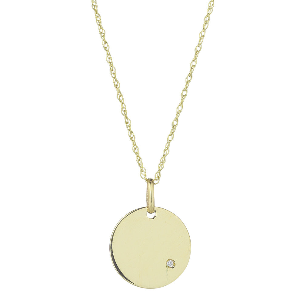 9ct Yellow Gold Solid 12mm Diamond Set Engravable Disk Pendant