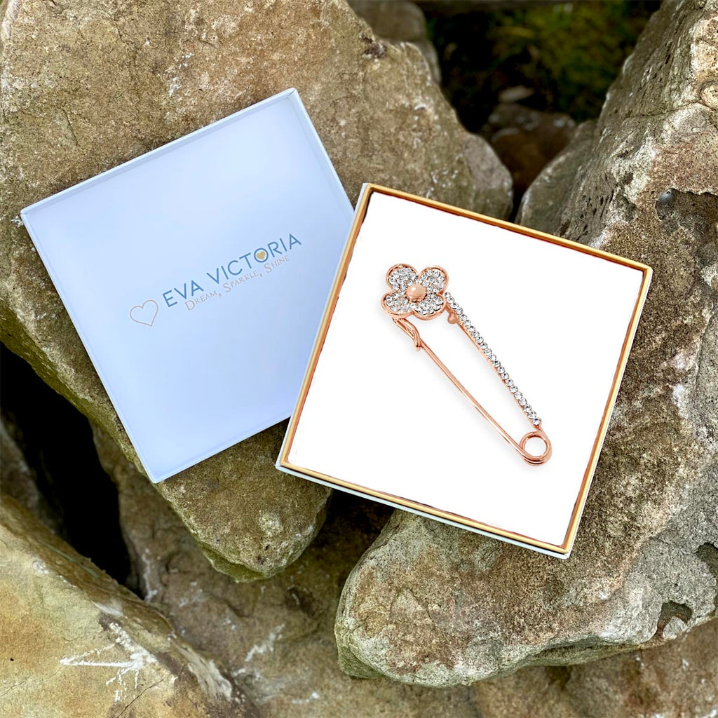 Floral Diamante Pin Rose Gold Brooch Gift Set