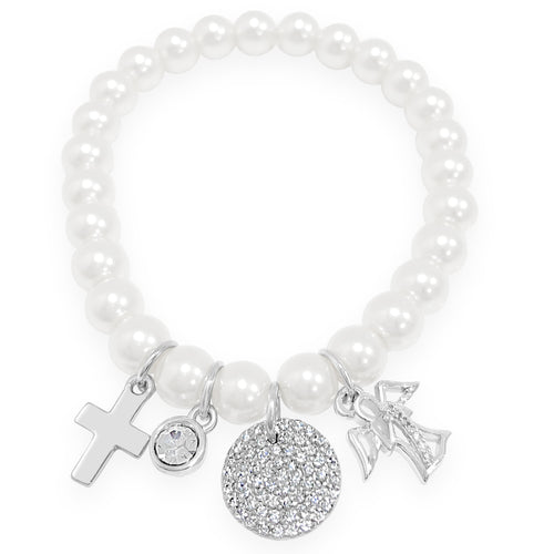 White Pearls Sterling Silver Communion Charm Bracelet