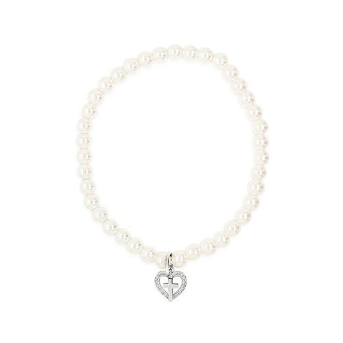 Charm Cross in Heart Pearls Children Sterling Silver Communion Bracelet