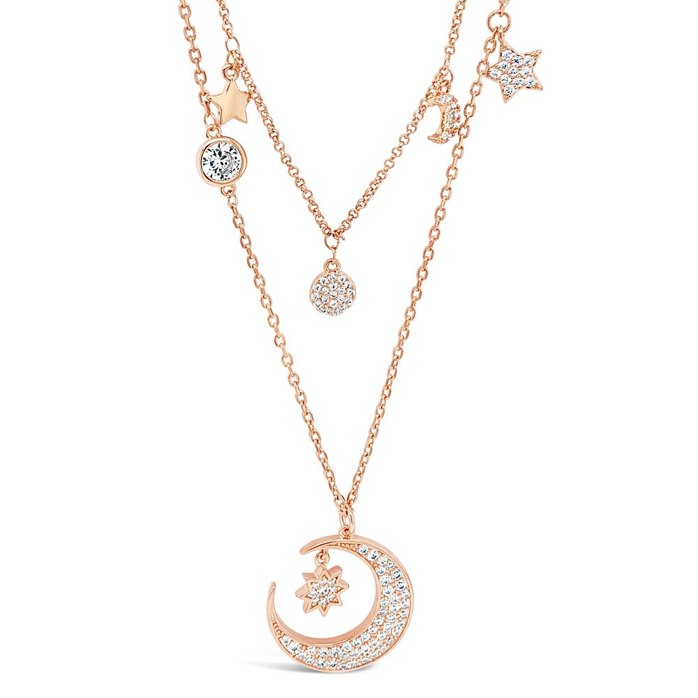 Shop Moon Stars Charms Rose Gold Diamante Double Necklace