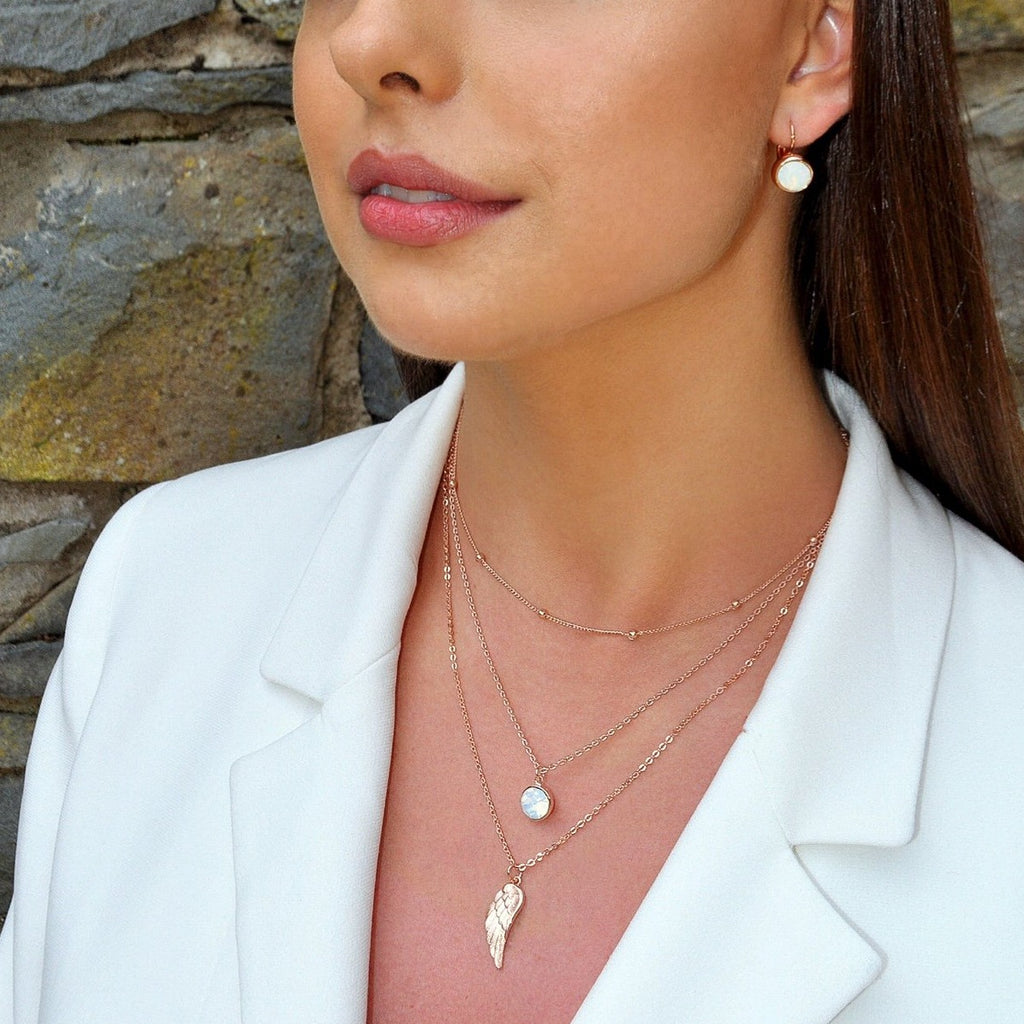 Shop Angel Wing & Opal Charms Rose Gold Diamante Layered Necklace
