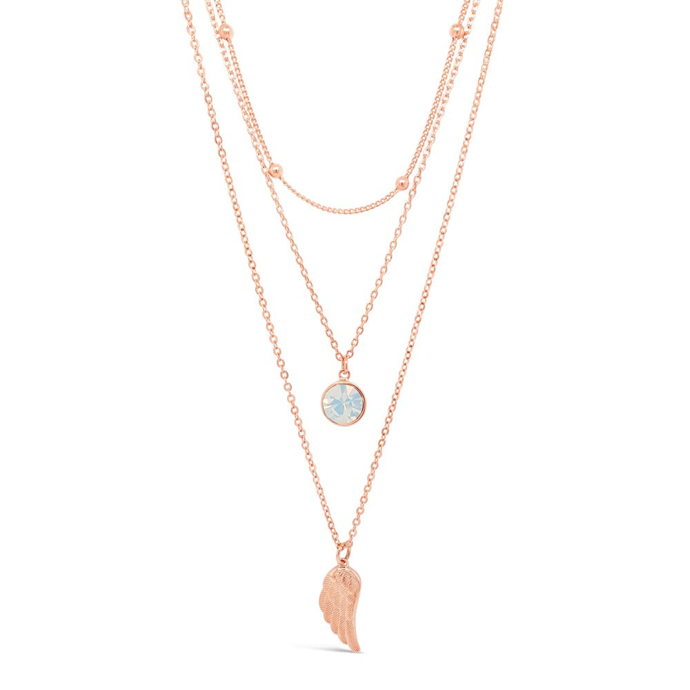 Angel Wing & Opal Charms Rose Gold Diamante Layered Necklace