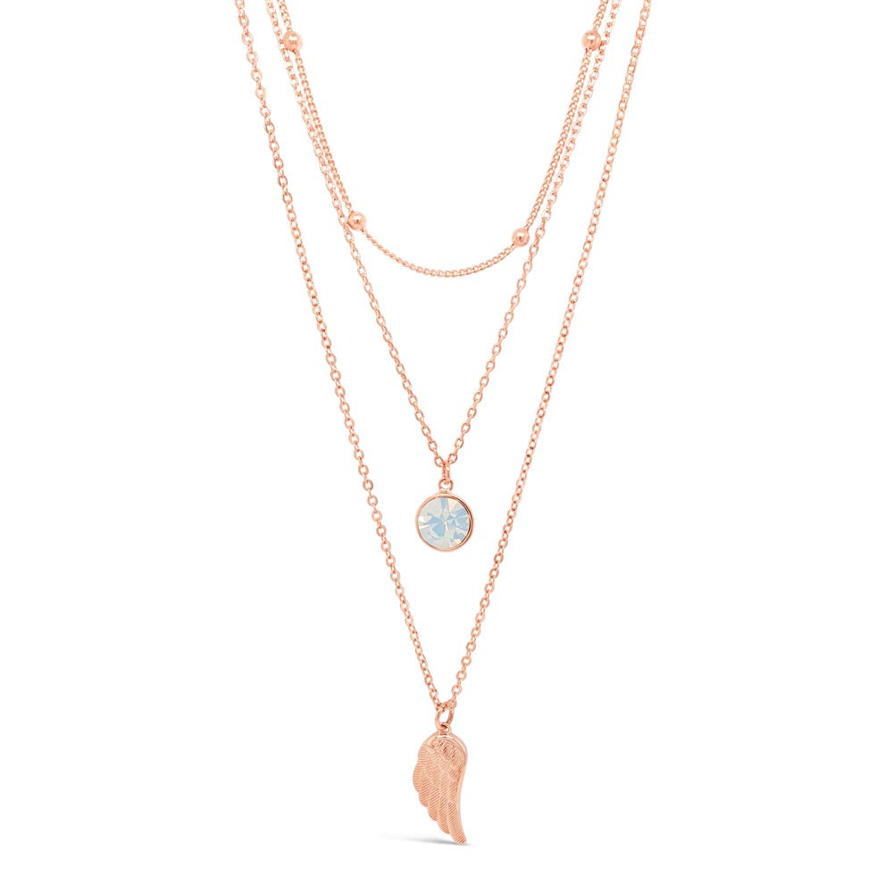 Angel Wing & Opal Charms Rose Gold Diamante Layered Necklace