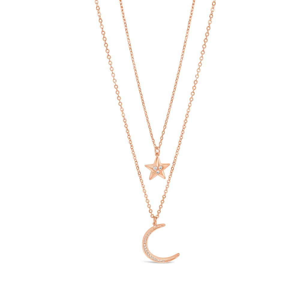 Midnight Moon & Star Rose Gold Diamante Double Necklace