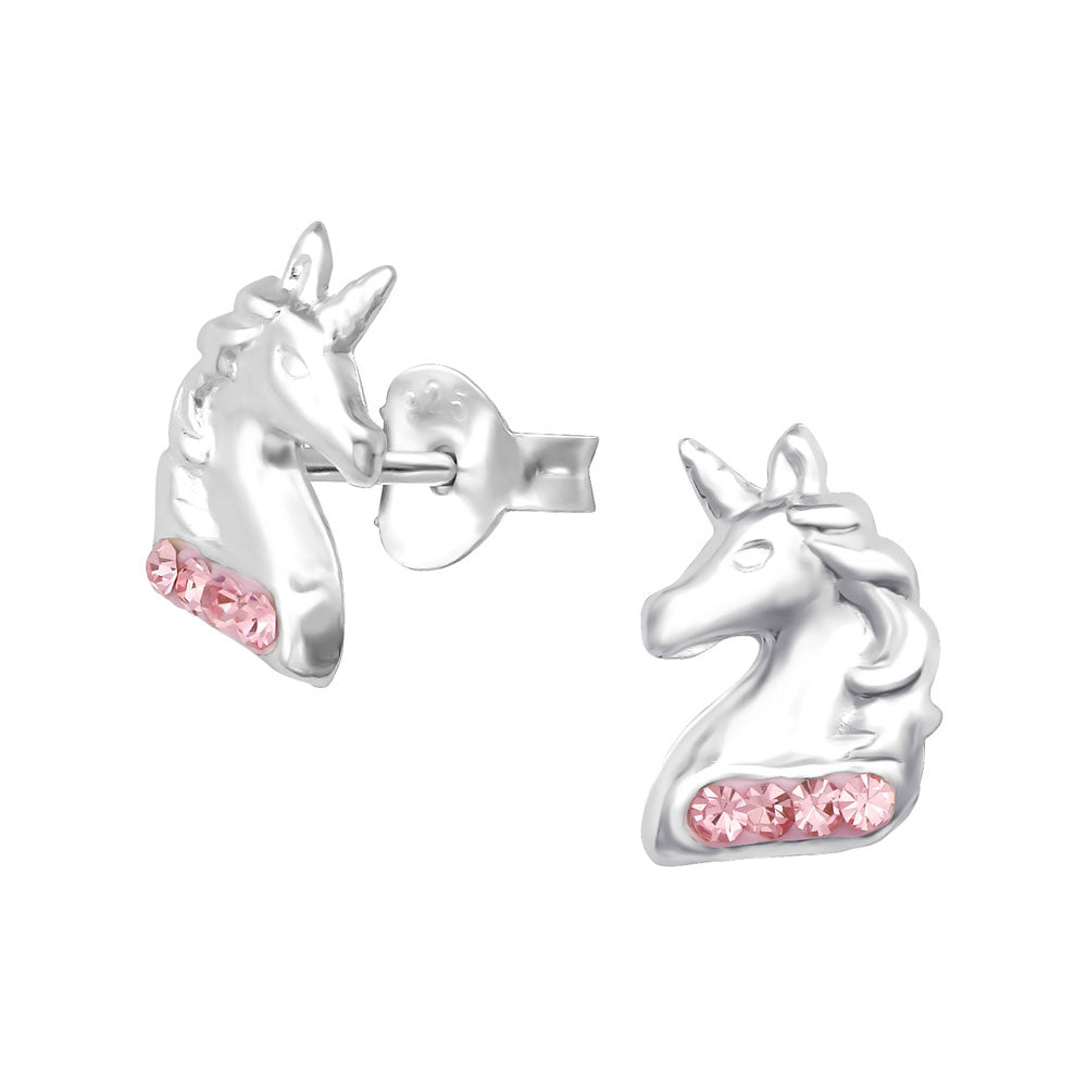 Sparkling Pink Unicorn Head Sterling Silver Children Earrings