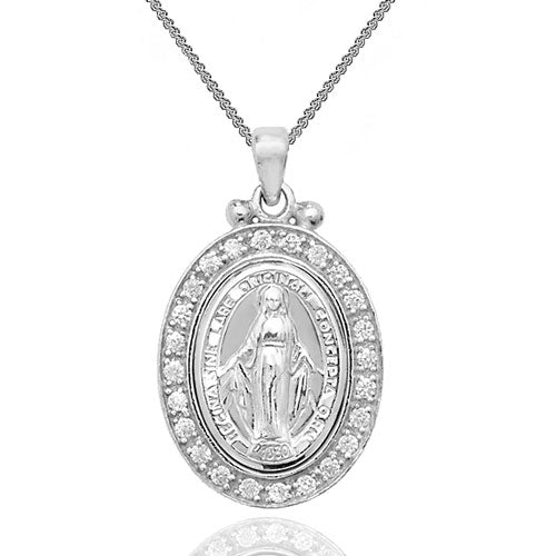 Engravable Sterling Silver Miraculous Medal with Cubic Zirconia