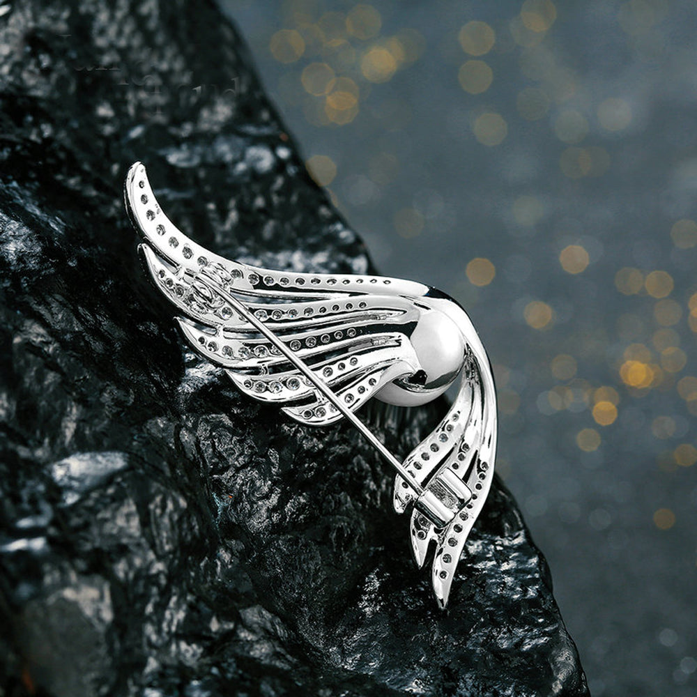 Angel Wing Silver Pearl Diamonte Brooch - Eva Victoria