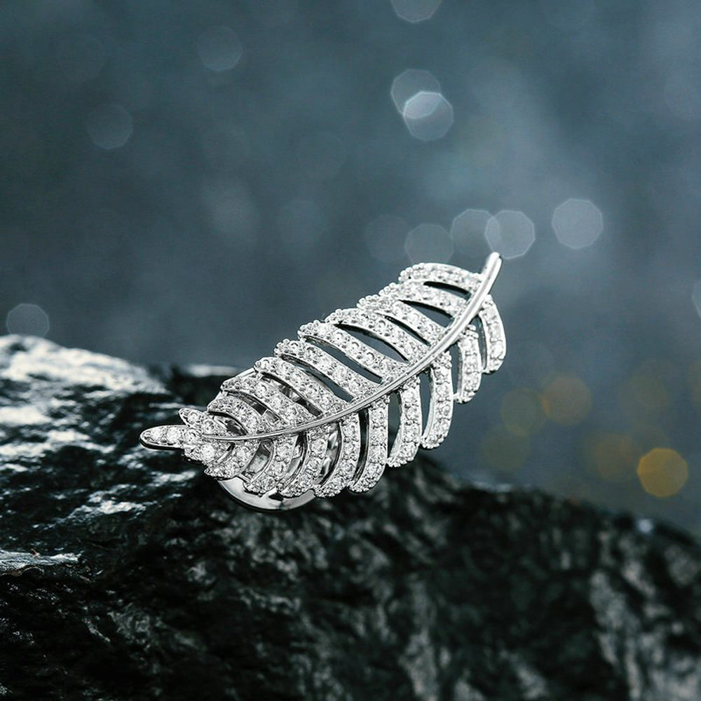 Autumn Leaf Crystal Clear Diamante Silver Brooch - Eva Victoria