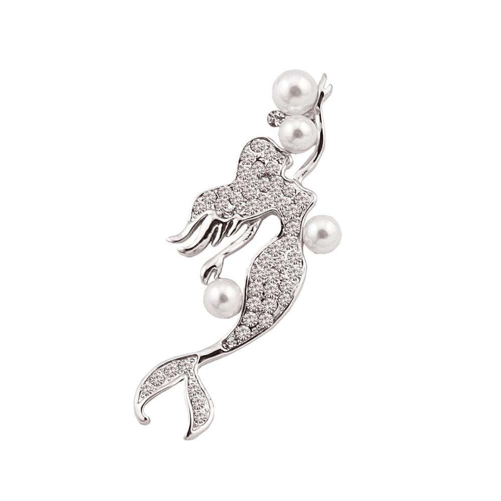 Arial Pearl and Swarovski Mermaid Silver Pin Brooch - Eva Victoria