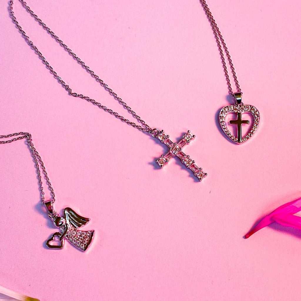 Charm Heart Children Sterling Silver Cross Pendant Set