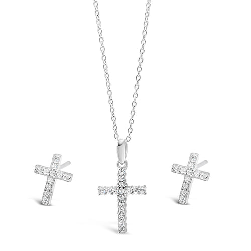 Sterling Silver 5mm Cross Pendant & Earrings Set
